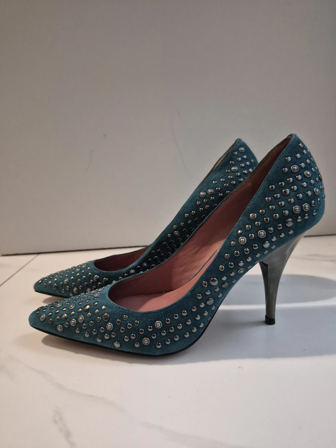 NEW Luxury Rebel Teal Suede Studded Heels