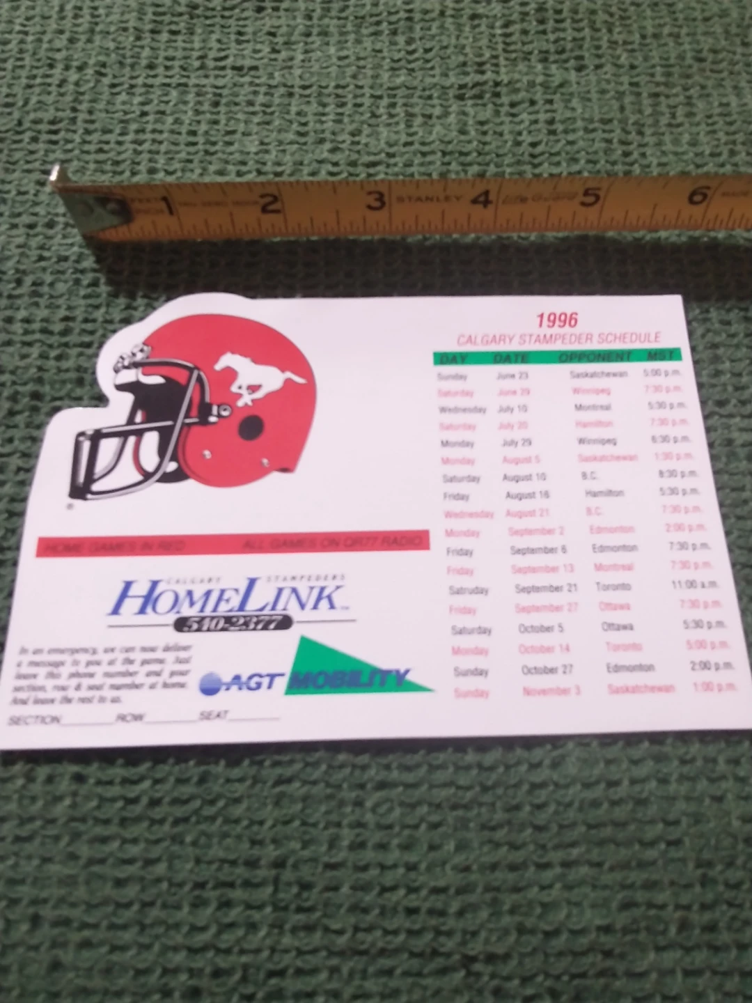 1996 Calgary Stampeders Schedule Magnet - photo 2
