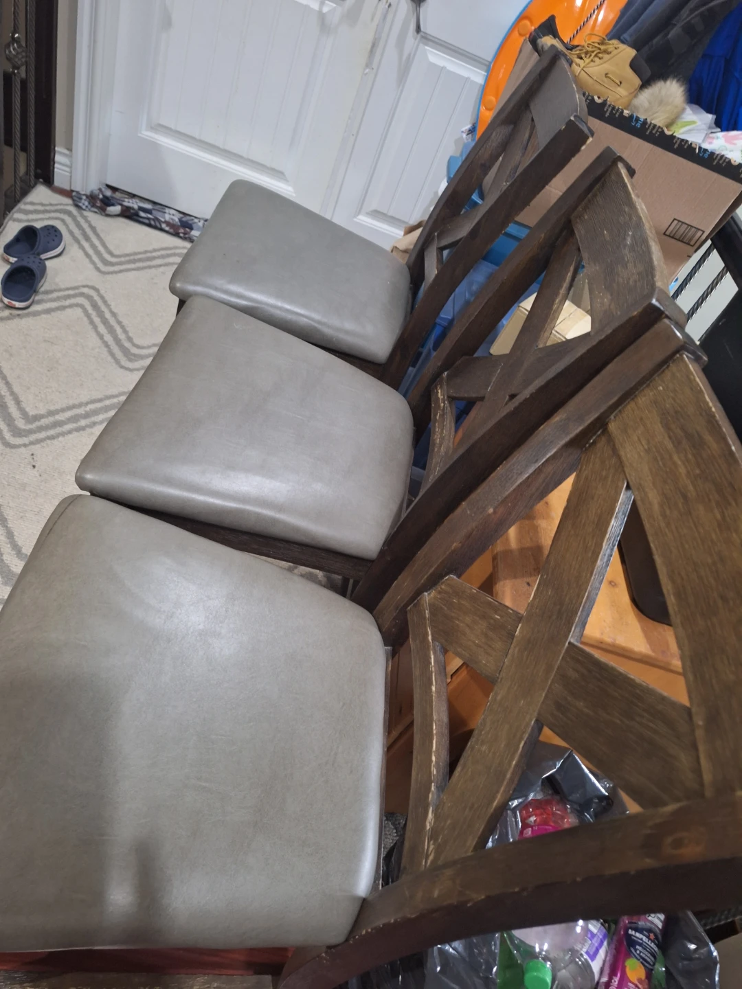 Set of 3 Wooden Bar Stools with Grey Upholstered Seats