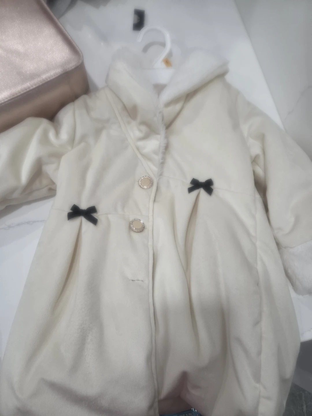 Cream Baby Coat with Faux Fur Collar and Bows - photo 2