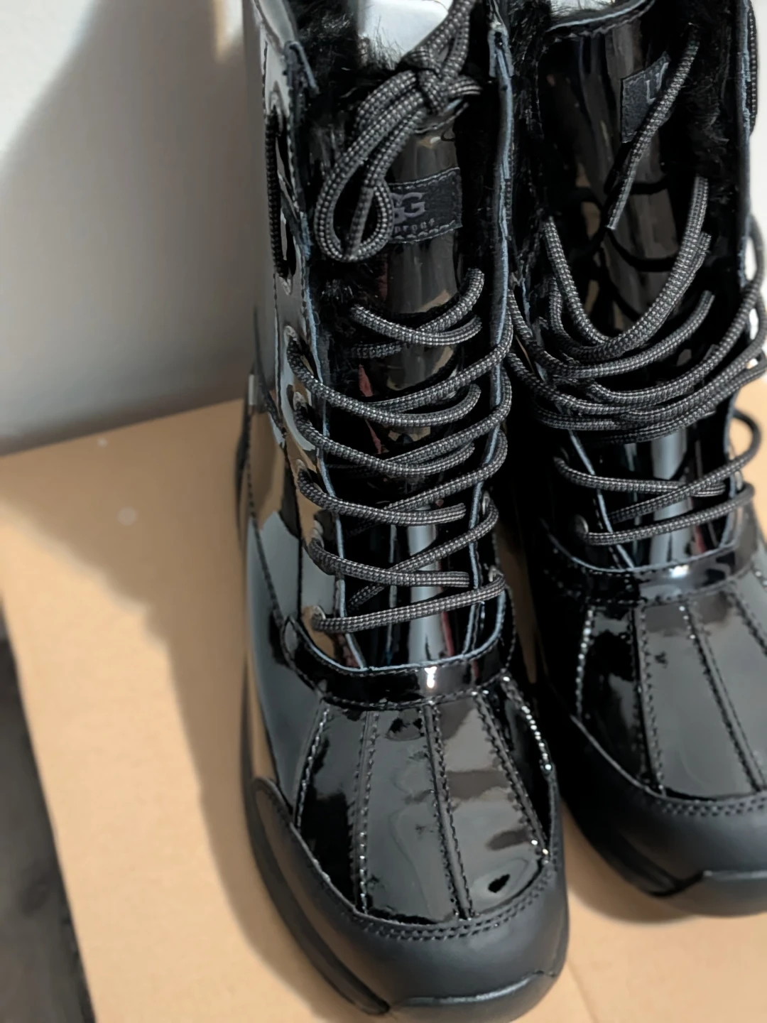 New UGG Black Patent Lace-Up Winter Boots
