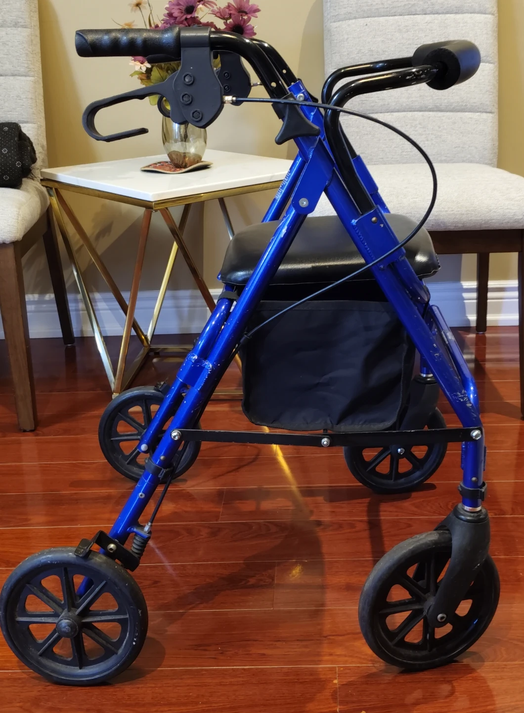 Blue 4-Wheel Walker with Seat and Bag