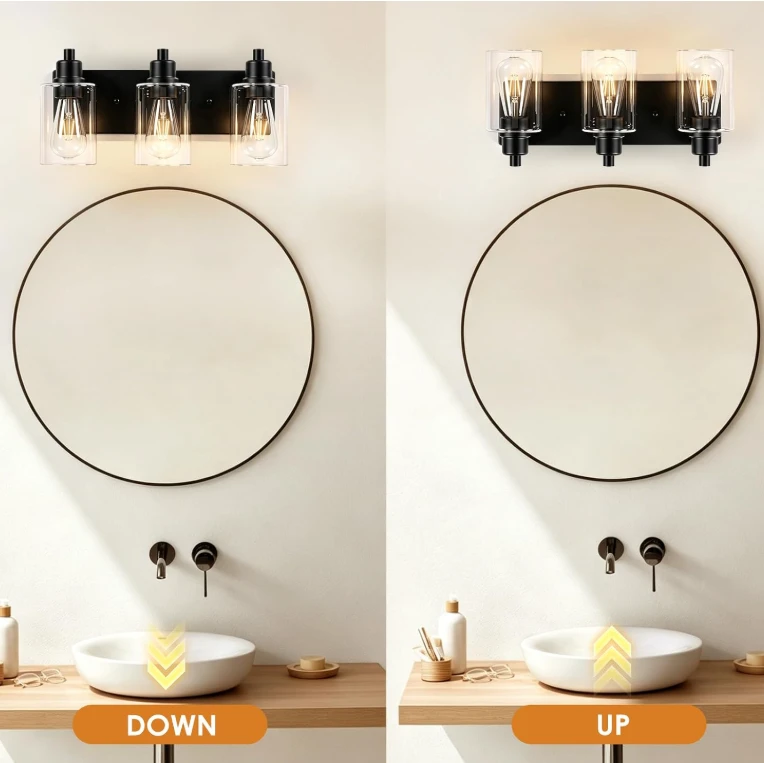 Black 3-Light Vanity Light Fixture with Clear Glass Shades - photo 2