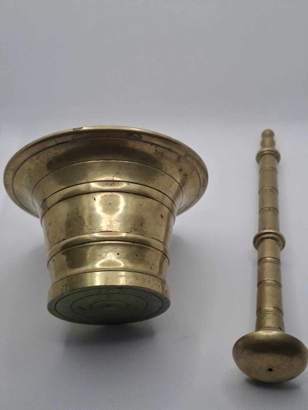 Antique Brass Mortar and Pestle Set Stamped JCR 3