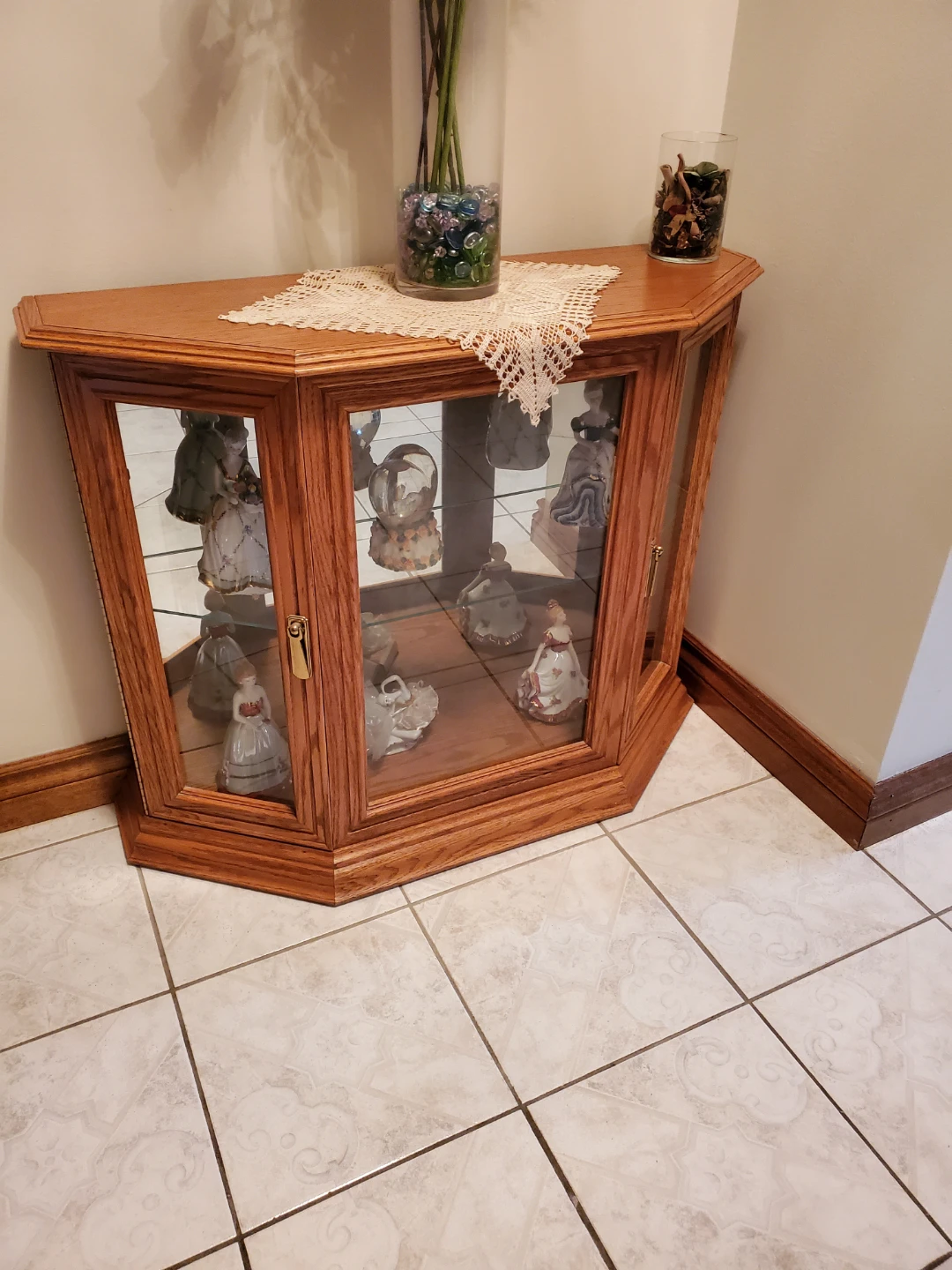 Wooden Corner Curio Cabinet with Mirror