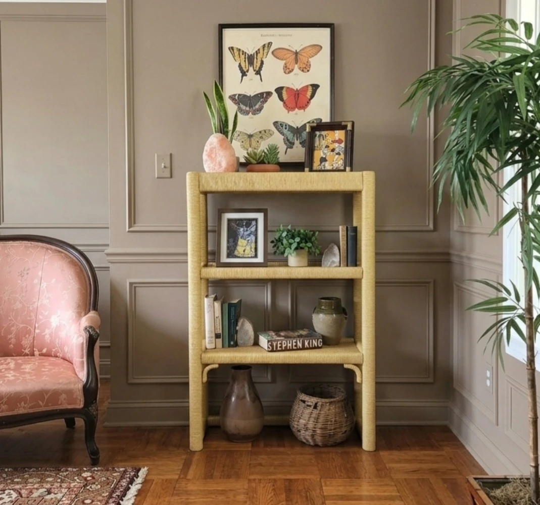 Vintage Slim Three Tier Solid Wood Construction  Rattan Bookcase - photo 4