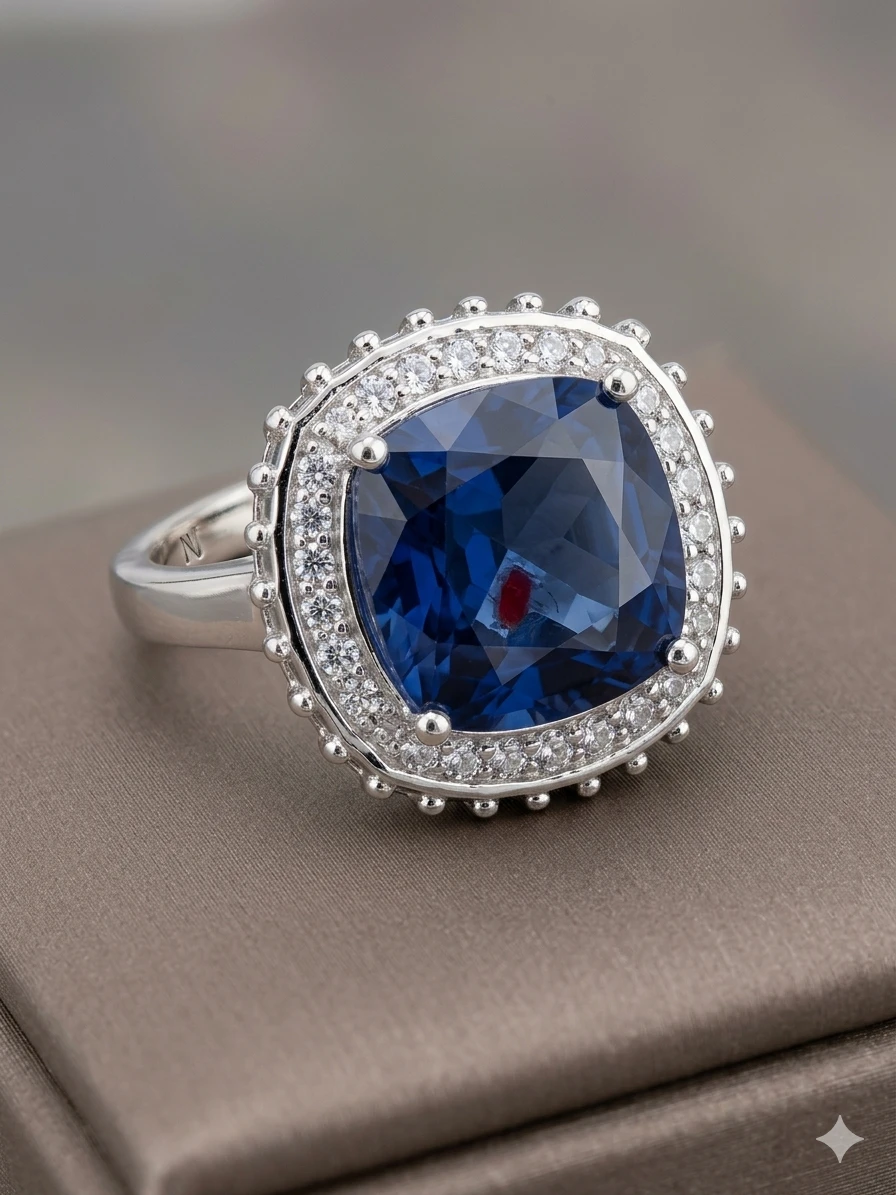 Cushion-Cut Blue Sapphire Halo Statement Ring