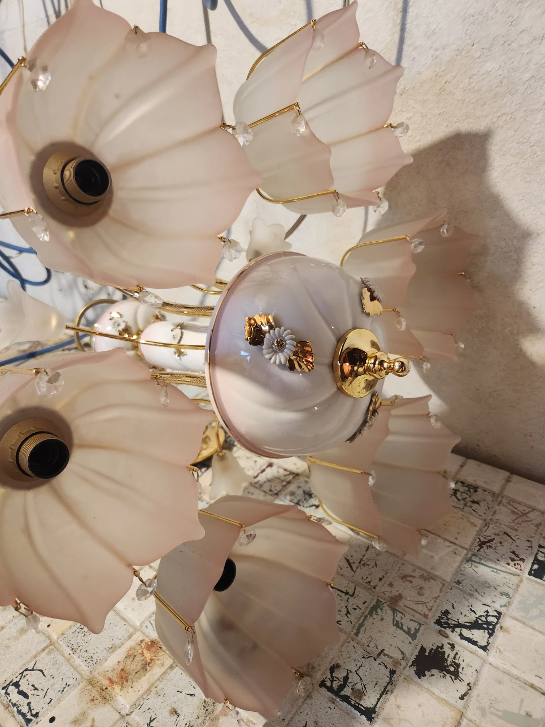 Chandelier with pink glass floral shades and gold accents - photo 2