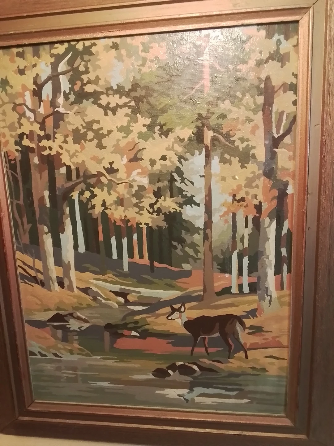 Vintage 1950s Paint by Number Deer Forest Stream Painting Framed - photo 3