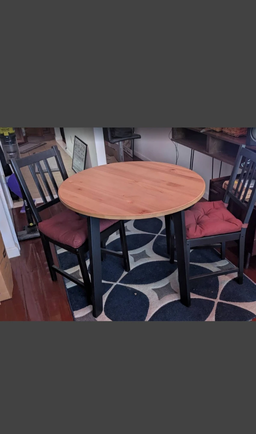 (FREE DELIVERY) Round Wood Dining Table with 2 Black Chairs