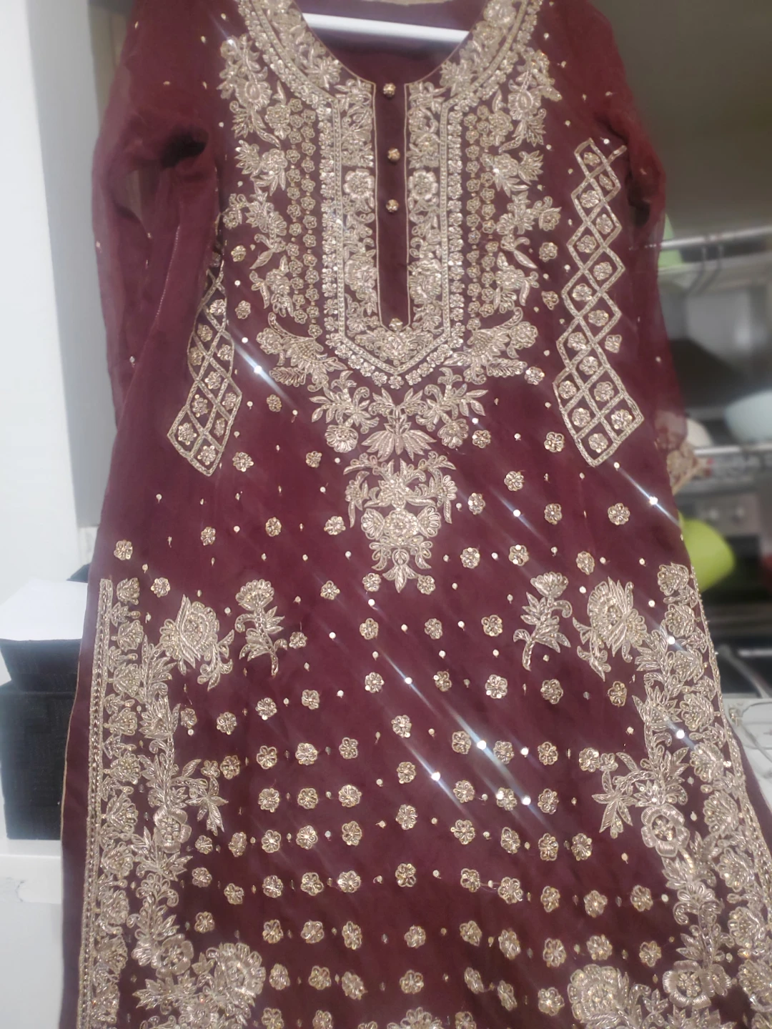 Embroidered Maroon Kurti with Golden Skirt