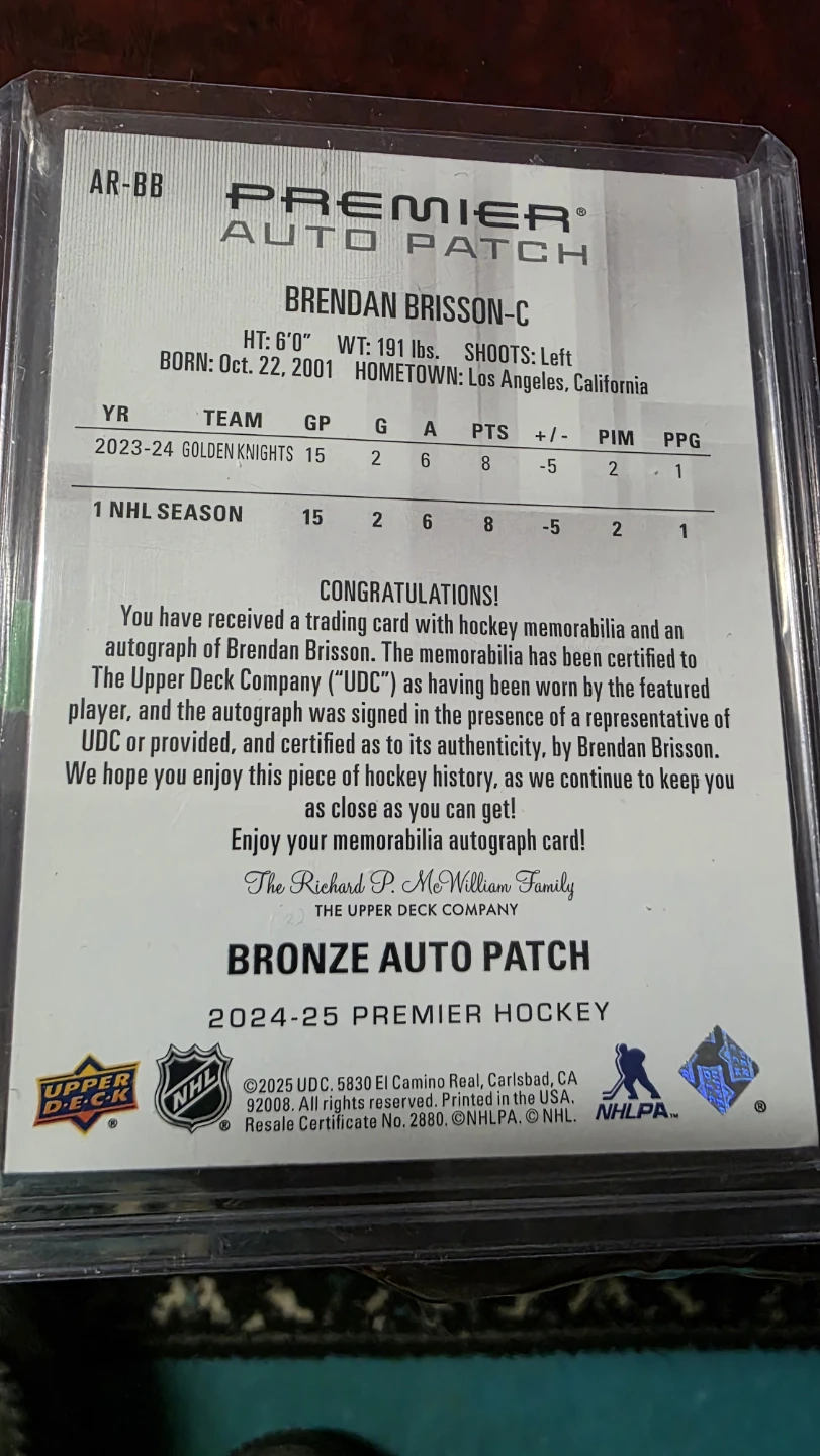 2024-25 Premier Hockey Bronze Auto Patch Brendan Brisson-C - photo 2
