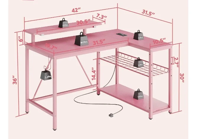 Pink L-Shaped Gaming Desk with LED Lights - photo 4