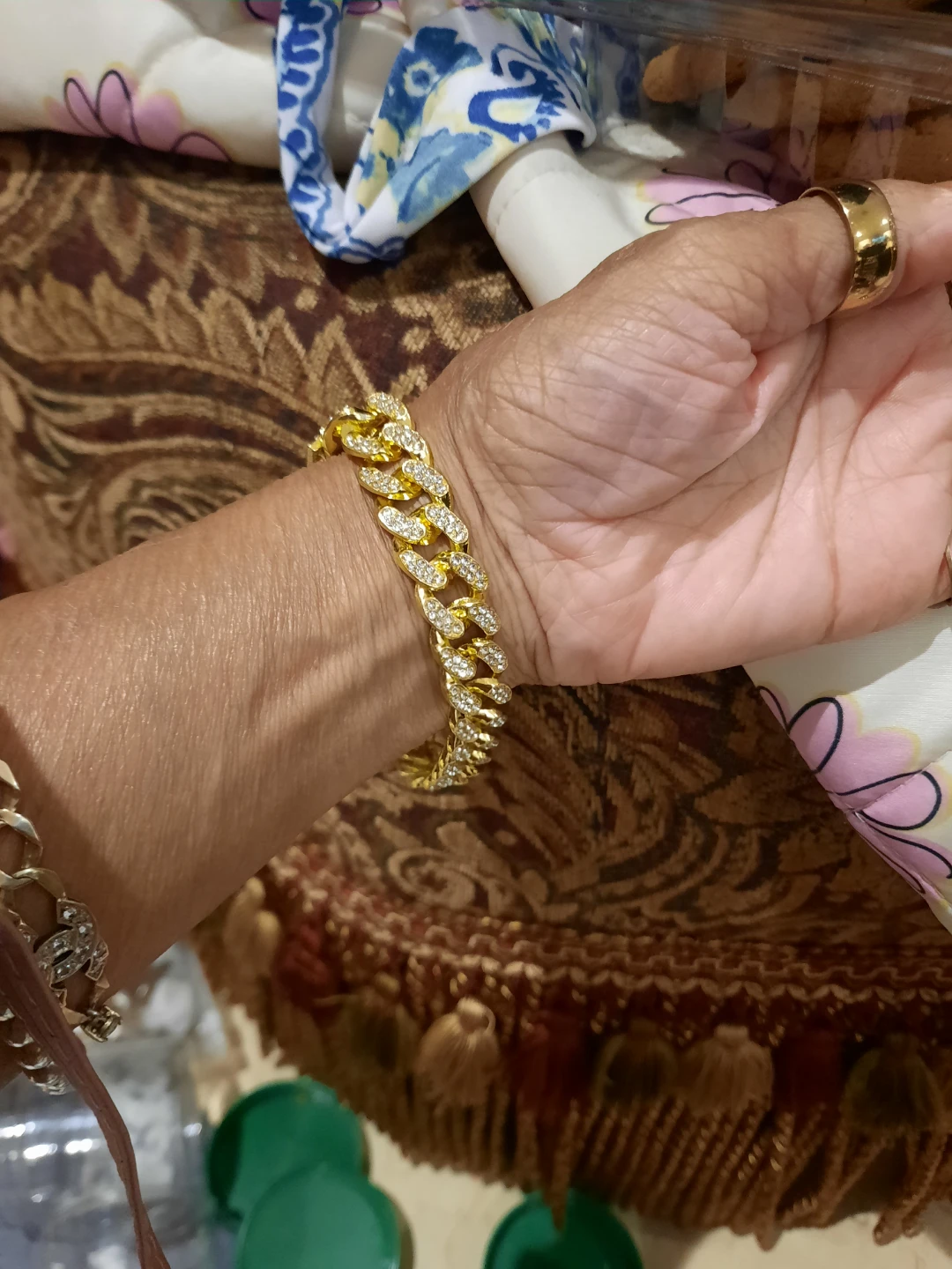 Gold Cuban Link Bracelet with Rhinestones 7.5" - photo 2