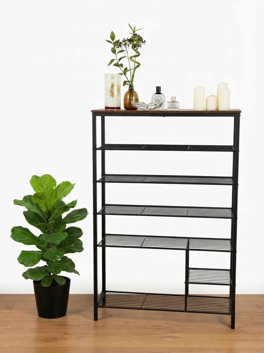 Black Metal Shoe Rack with Wooden Top