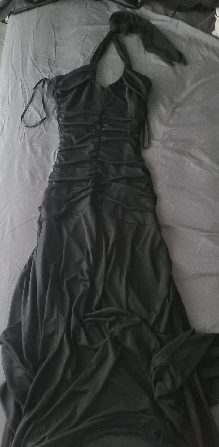 Black Halterneck Ruched Maxi Dress