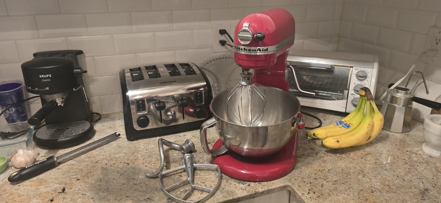 Red KitchenAid Stand Mixer with Attachments