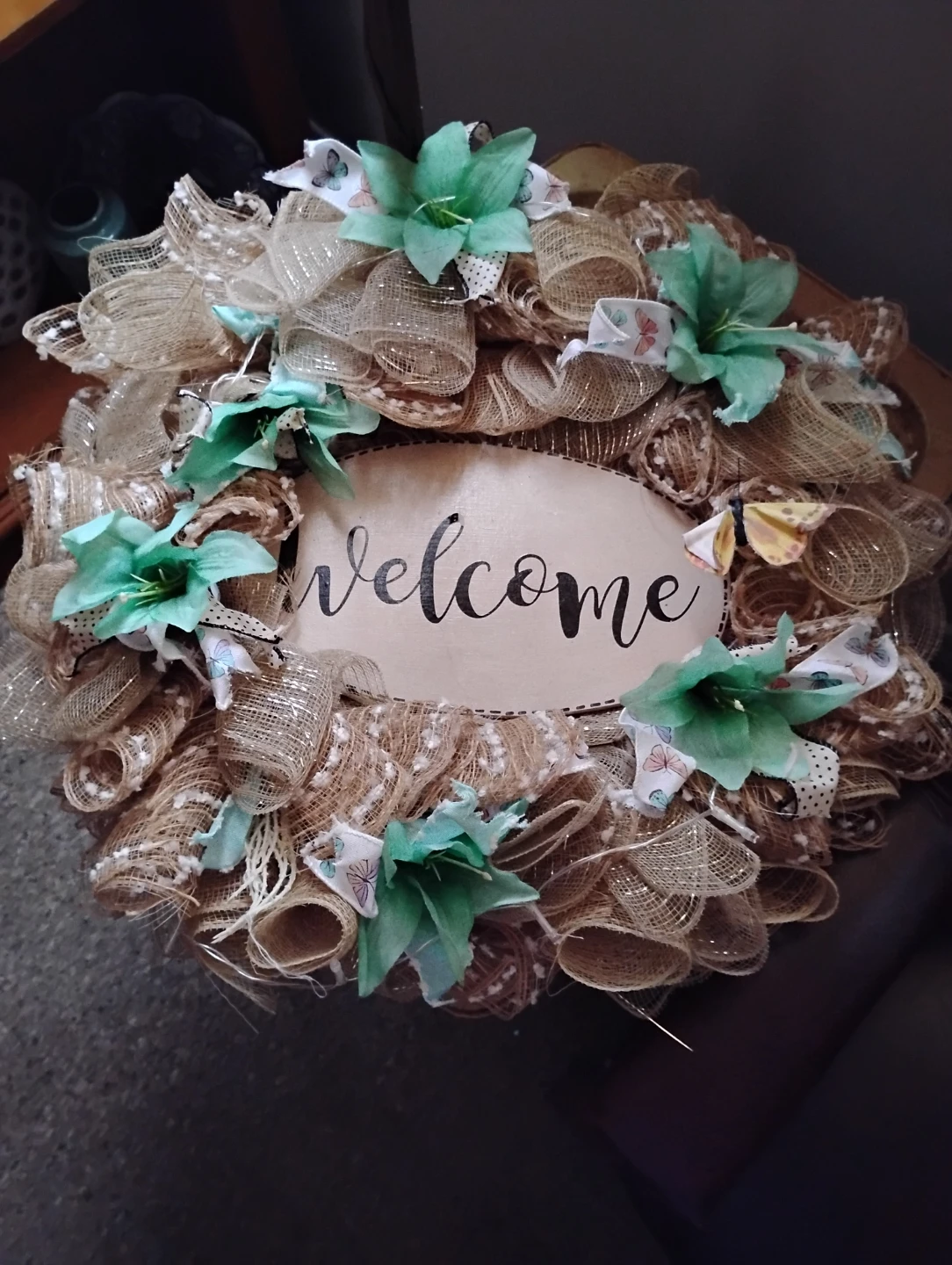 Welcome Wreath with Flowers and Butterflies