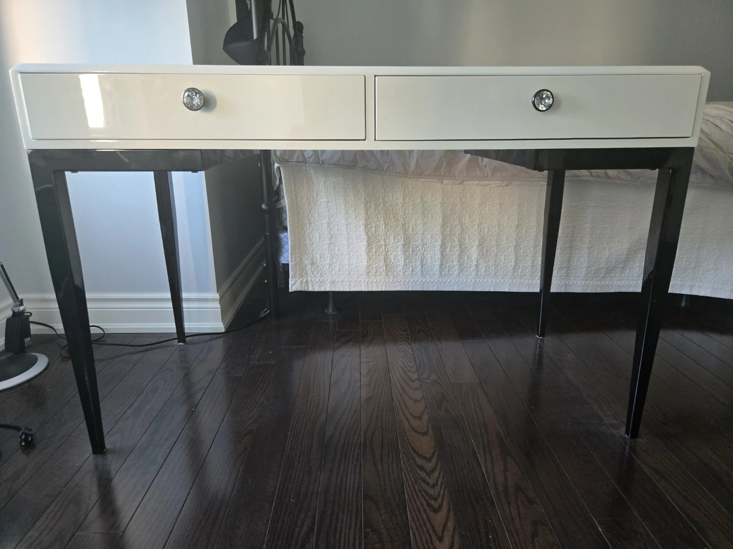 White and Black Console Table with Crystal Knobs