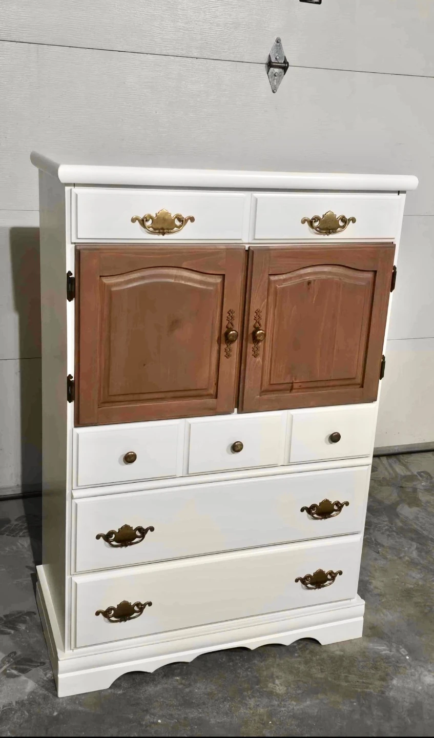 Refinished White and Wood Dresser with Cabinet Doors