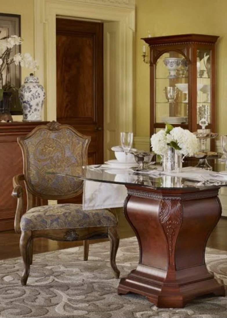 Glass Top Dining Table with Ornate Wooden Base