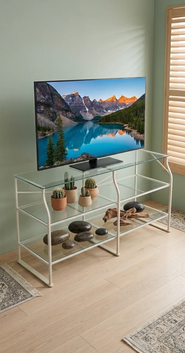 White metal and glass media console