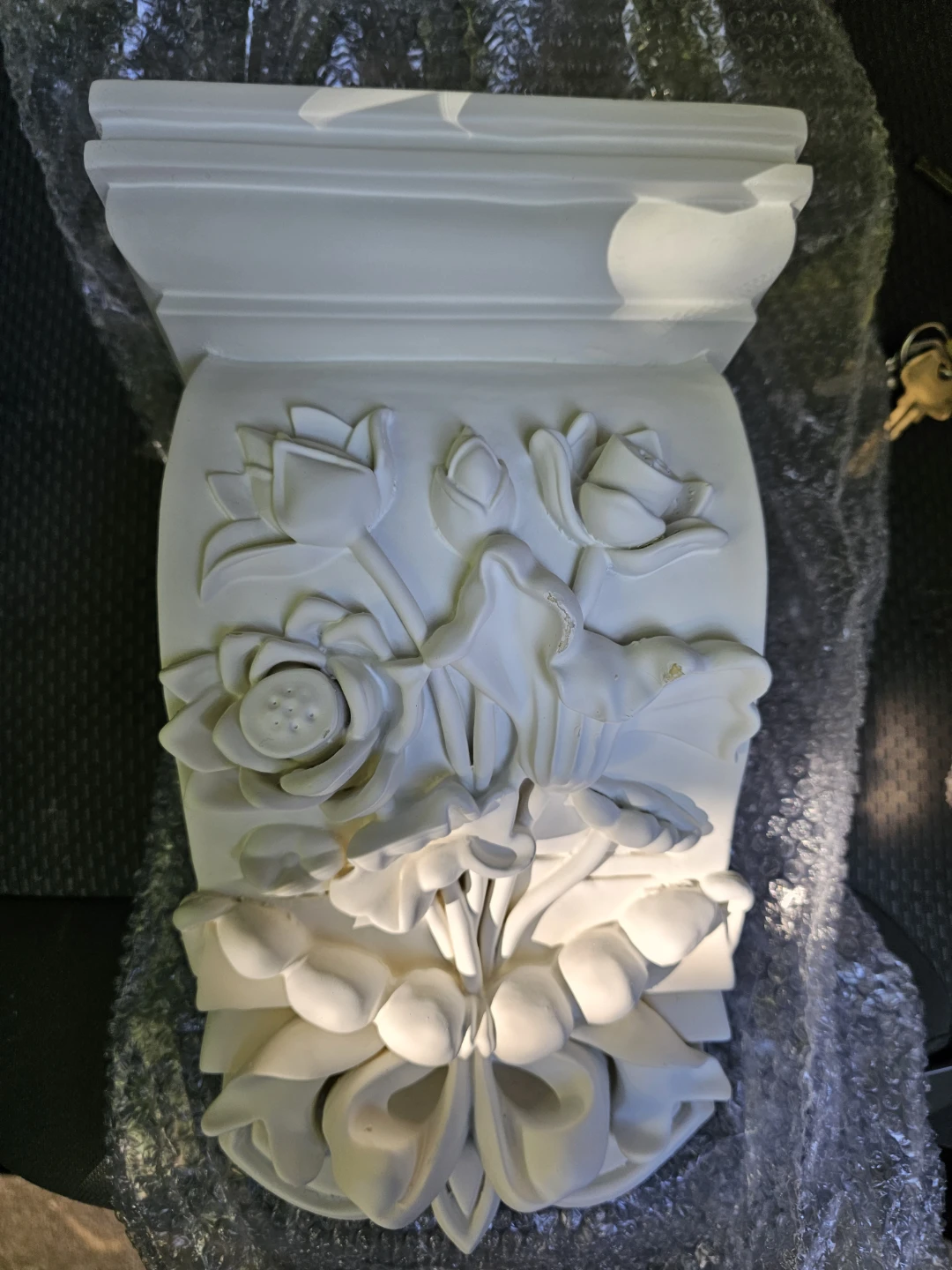 White Decorative Column with Lotus Flower Carvings