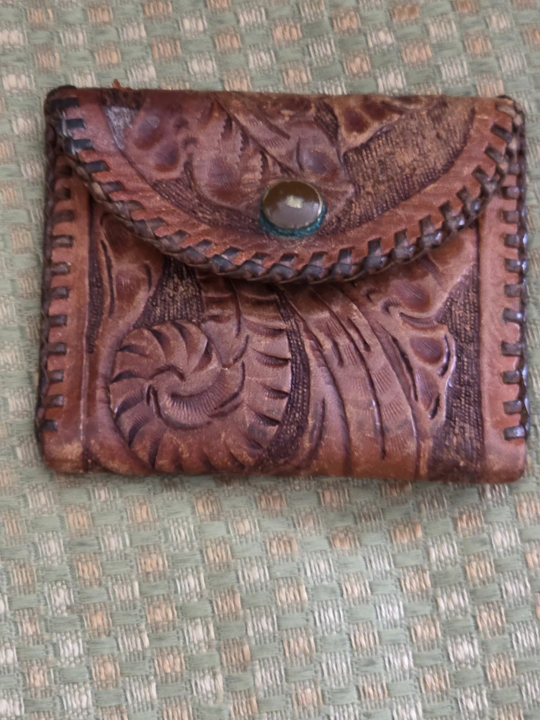 Vintage hand tooled Leather Coin Purse with Floral Embossing