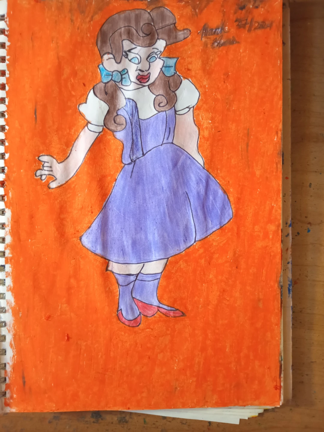 ORANGE BACKGROUND PURPLE DRESS GIRL DRAWING