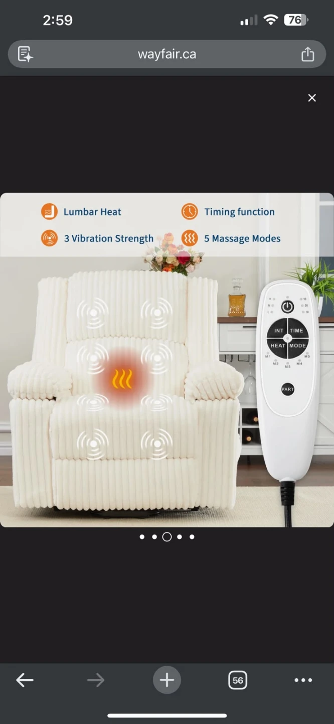 Cream Corduroy Recliner with Heat and Massage - photo 3