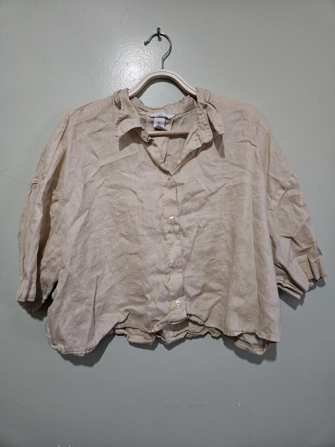 100% Linen H&M Cropped Pale Yellow Dress Shirt