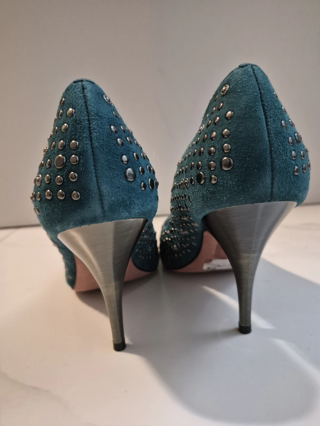 NEW Luxury Rebel Teal Suede Studded Heels - photo 5