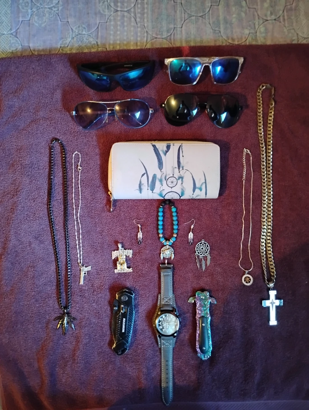 Necklaces bracelets woman's wallet sunglasses blade knife watch