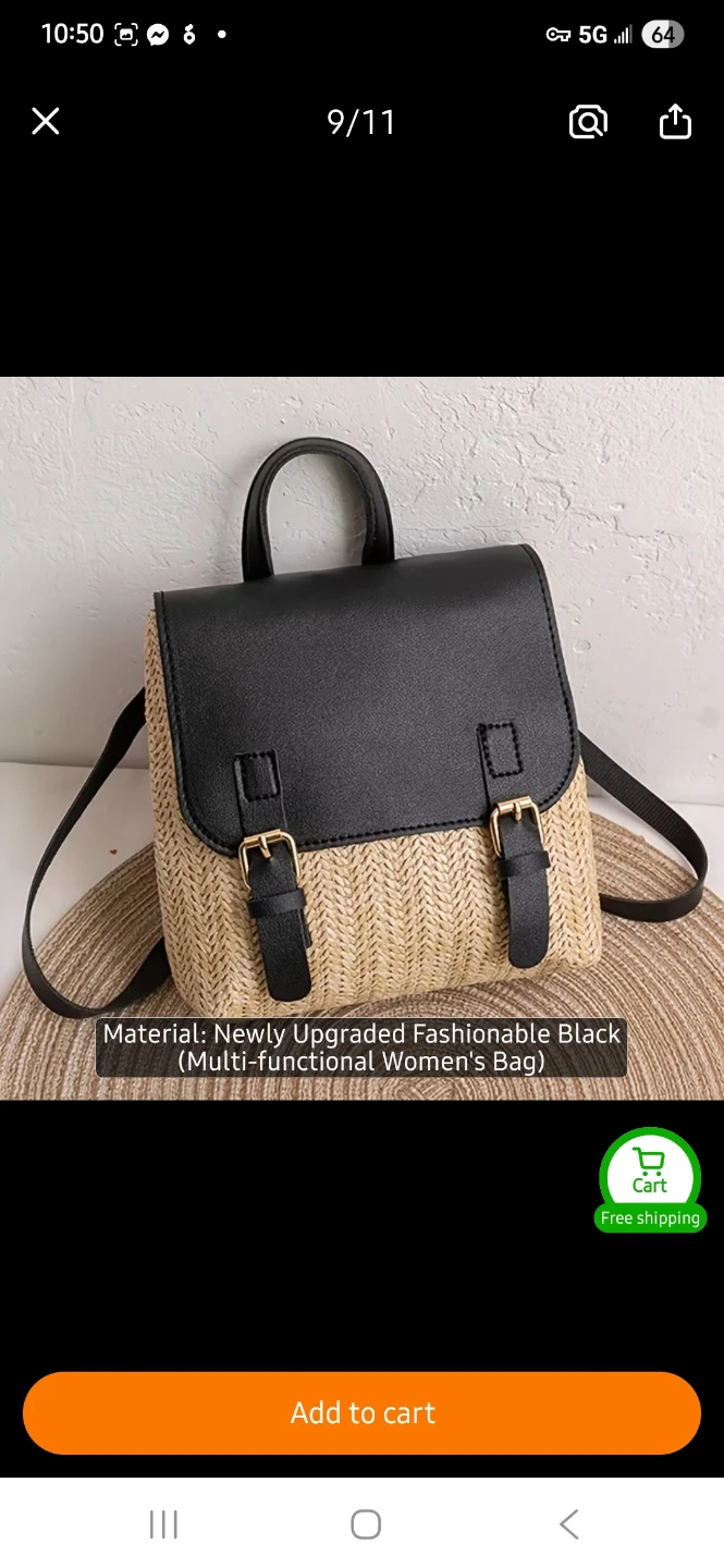 Straw and Faux Leather Backpack Purse