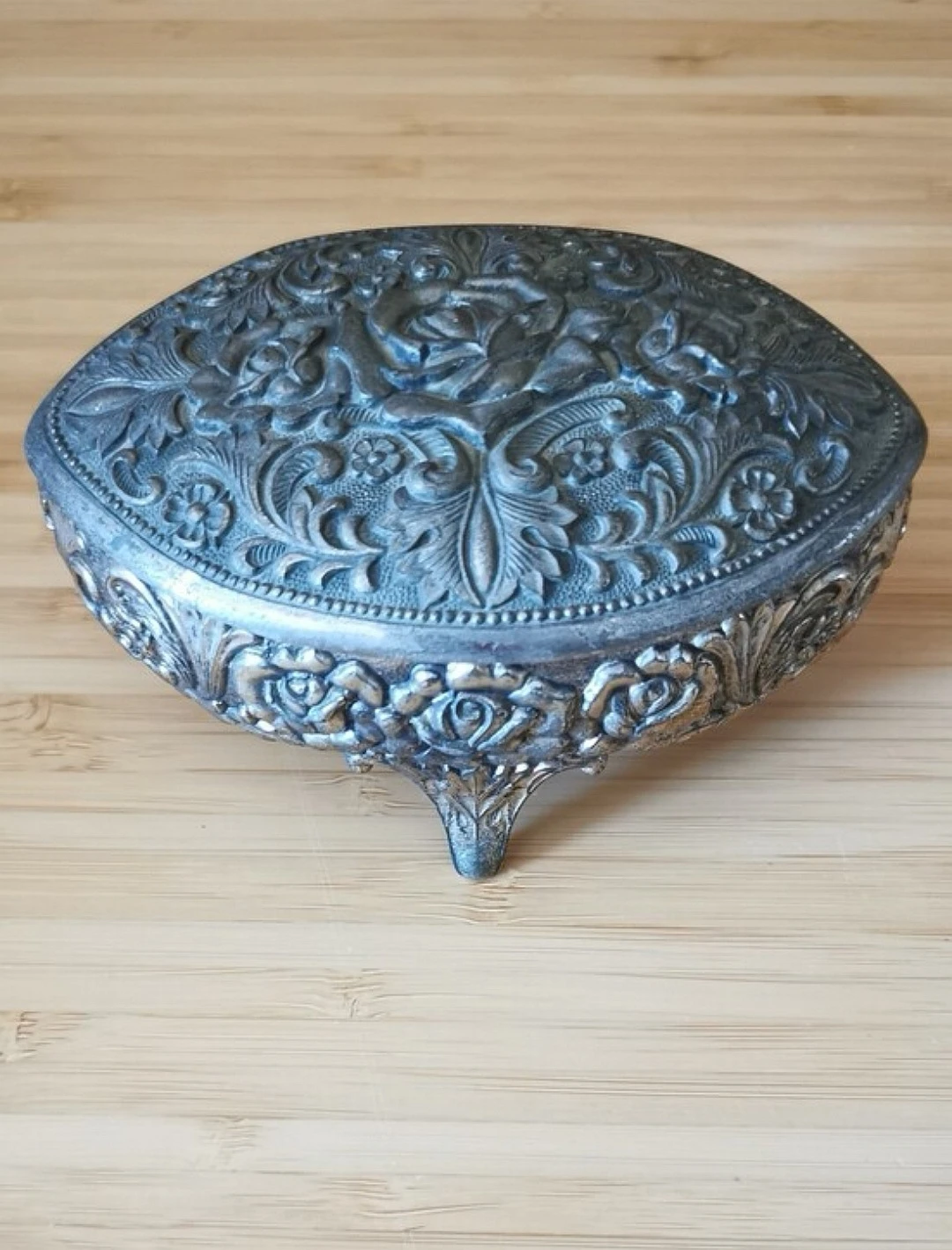 Vintage Silver Plated Floral Red Velvet Lined Trinket Box