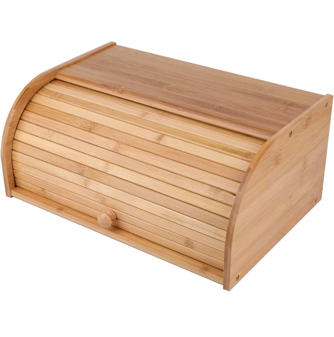Bamboo Bread Box, Large Natural Roll Wood Bread Box NEW