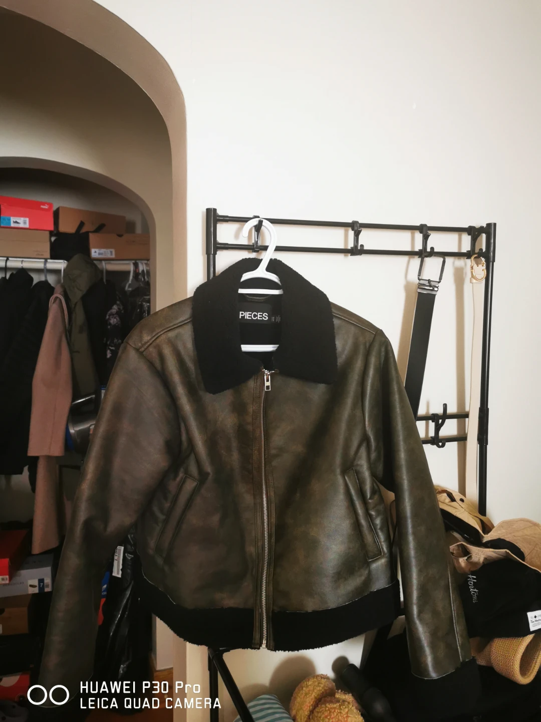PIECES Faux Leather Aviator Jacket with Shearling Collar
