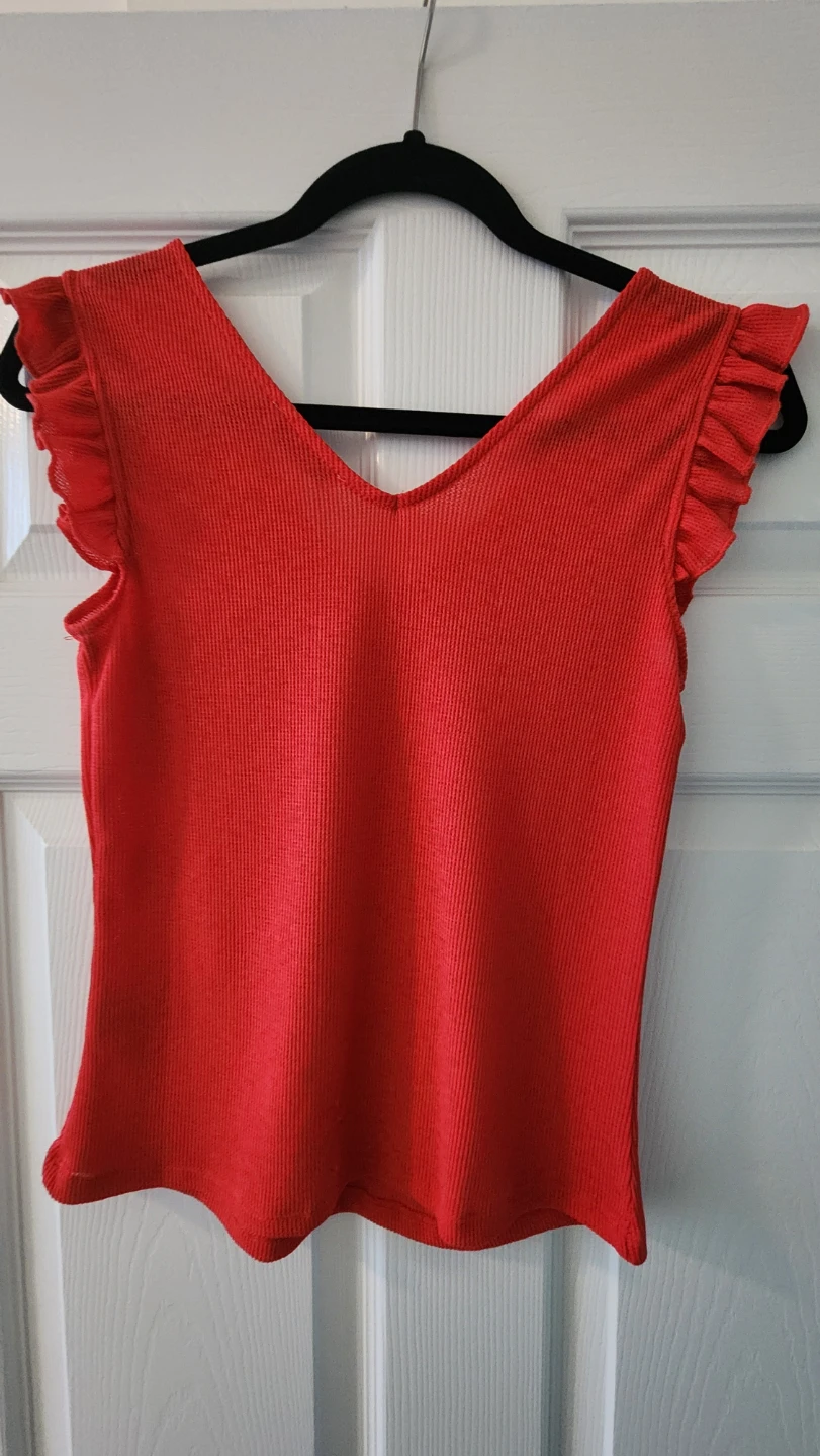 Red Ribbed Ruffle Sleeve V-Neck Top - photo 2