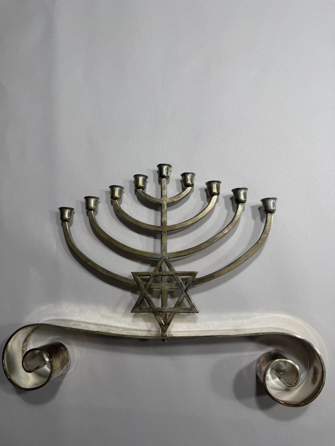 Vintage Brass Hanukkah Menorah Star of David Scroll Base - photo 3