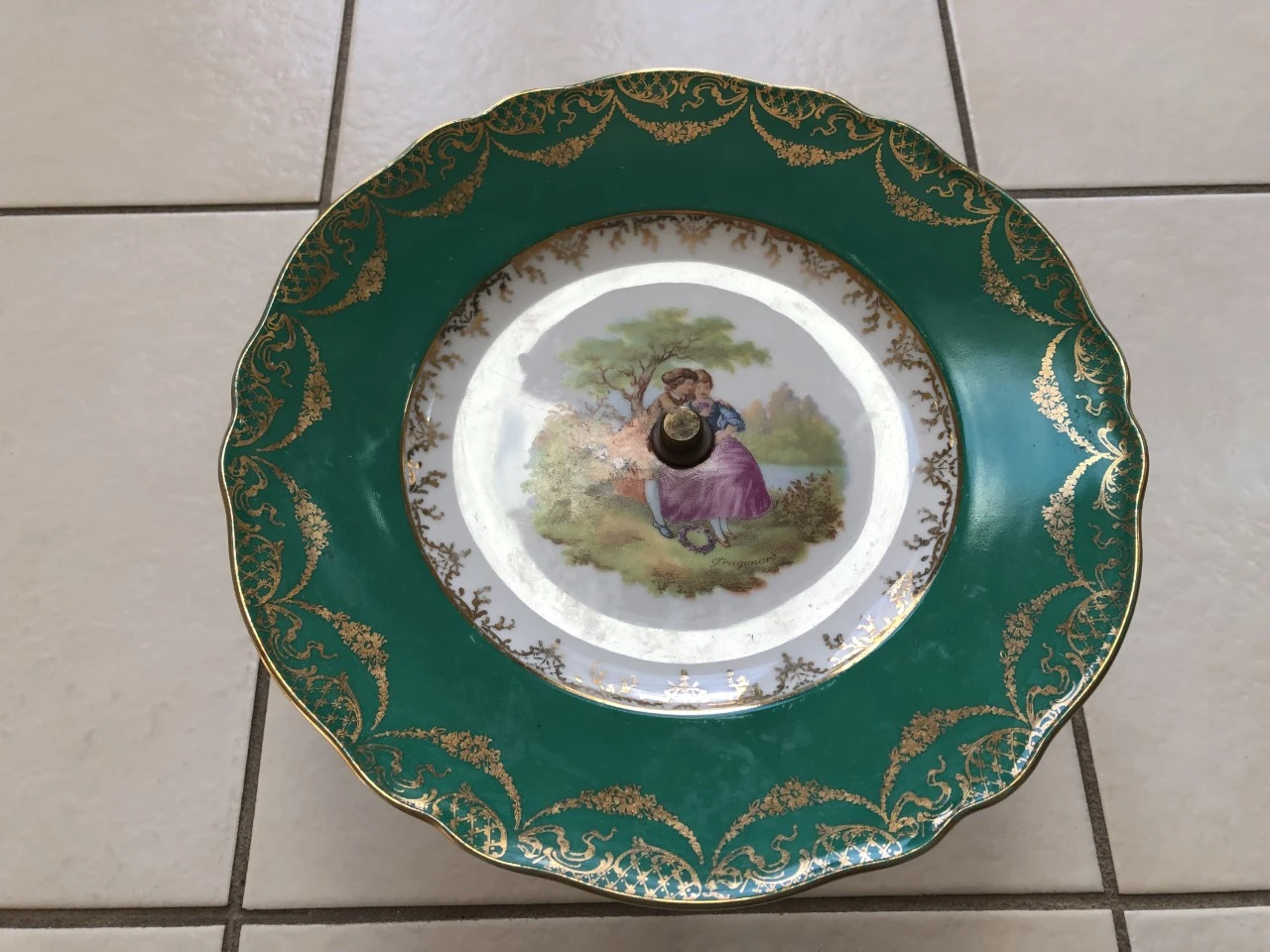 Vintage Footed Cake Stand with Romantic Scene