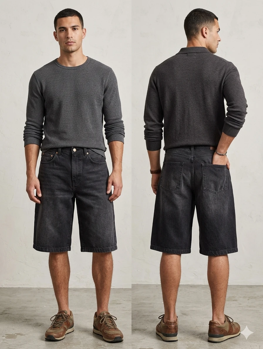 Black wide-leg denim shorts