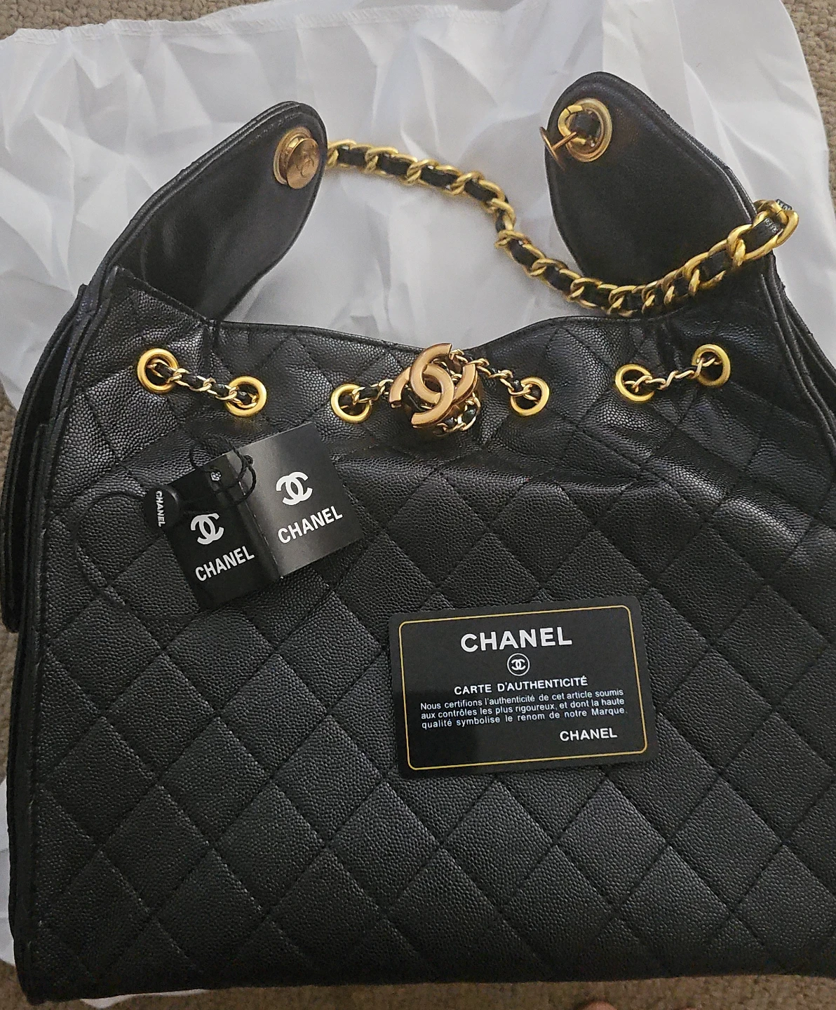 CHANEL Quilted Black Leather Bucket Bag