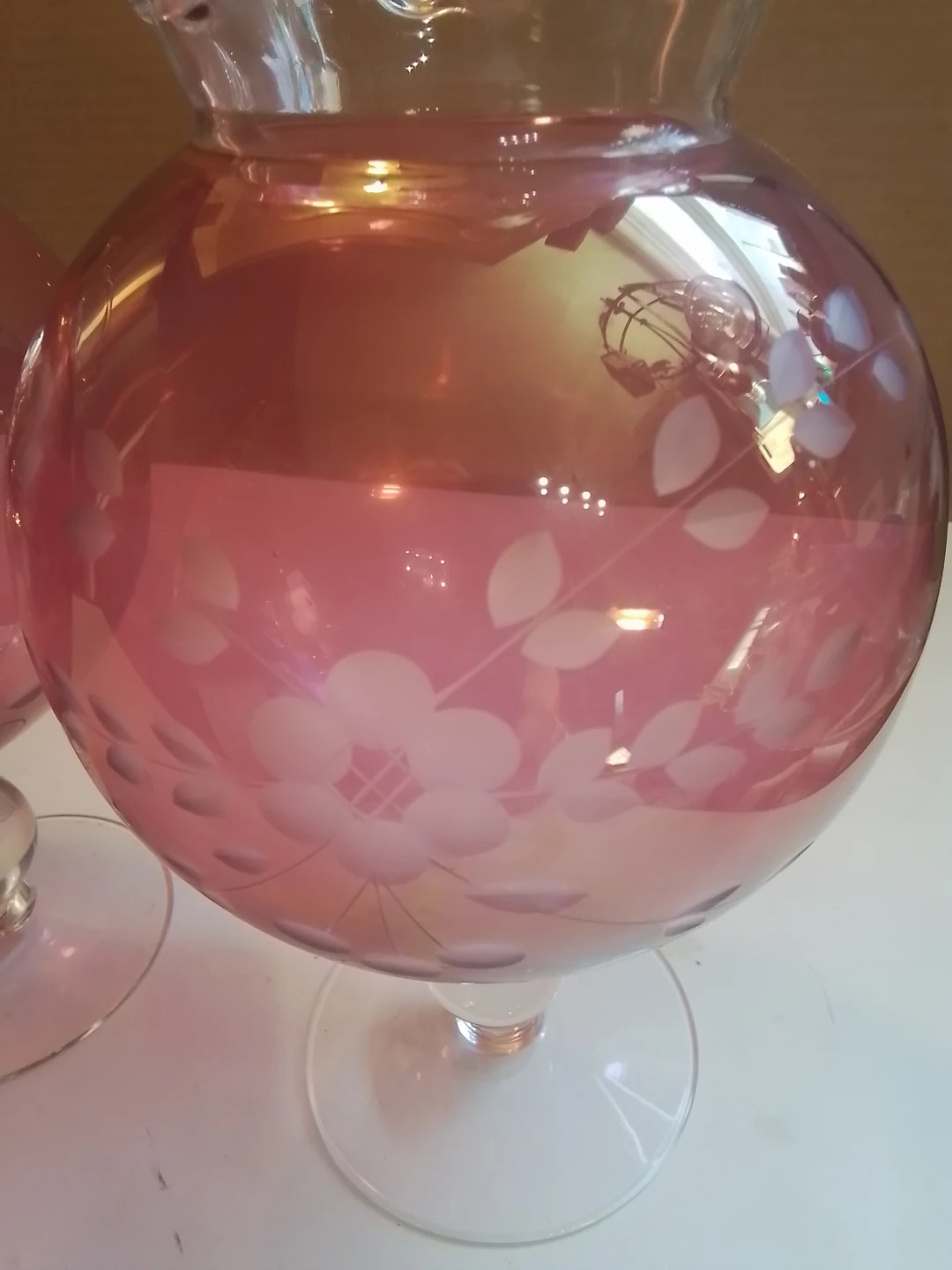 Pair of Pink Iridescent Glass Vases with Etched Flowers - photo 2