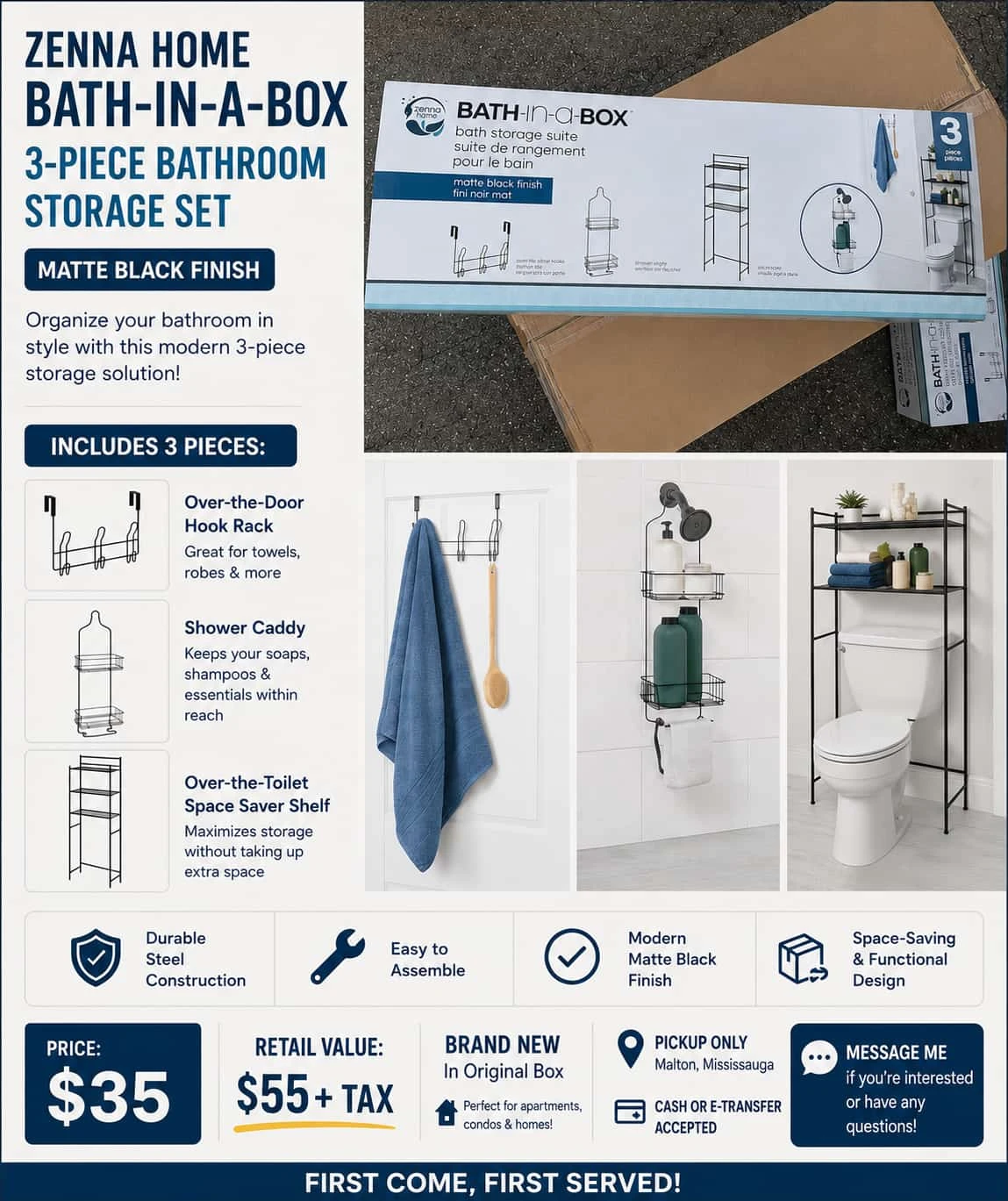 ZENNA HOME Bath-in-a-Box 3-Piece Bathroom Storage Set -