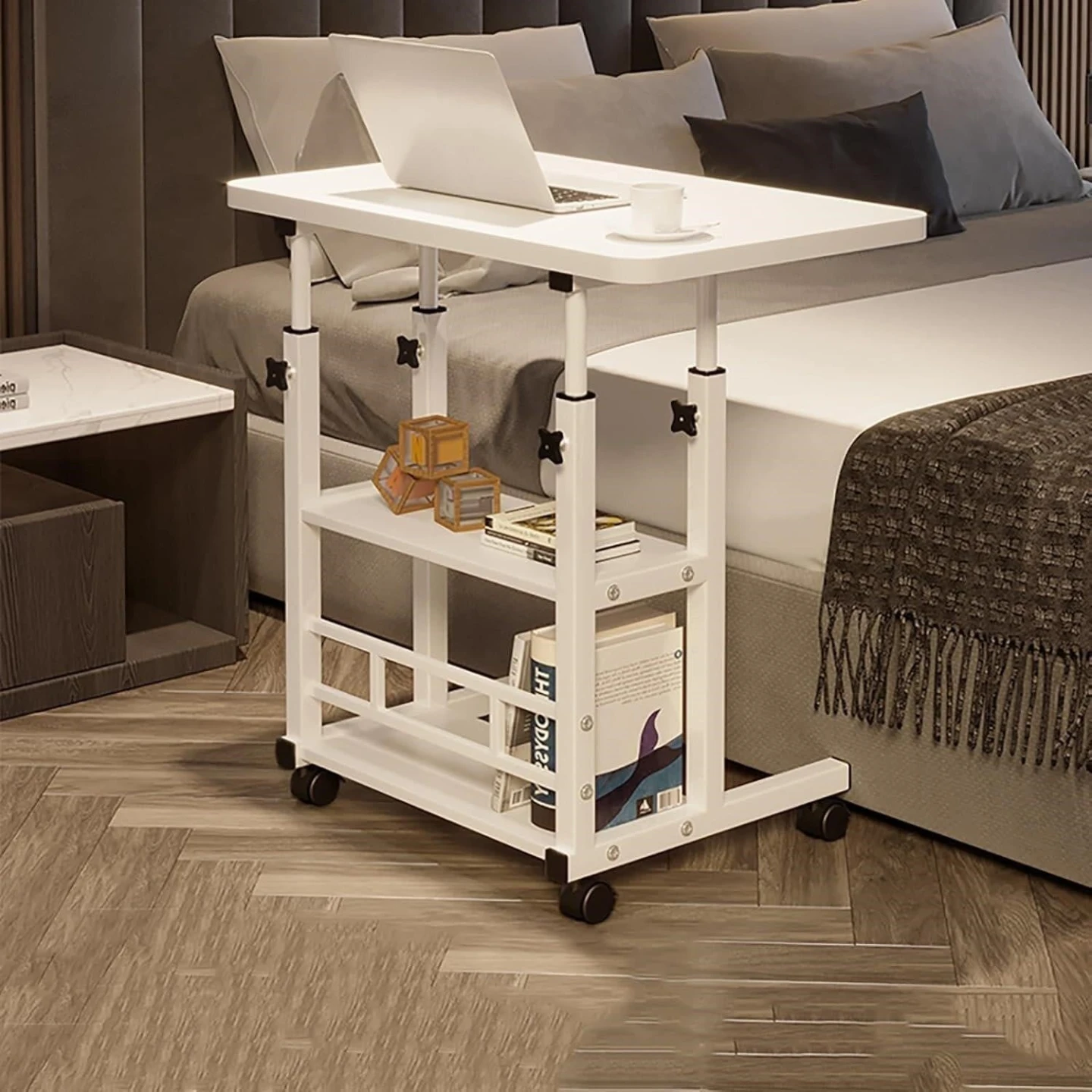 BN<<> White Adjustable Bedside Table with Wheels