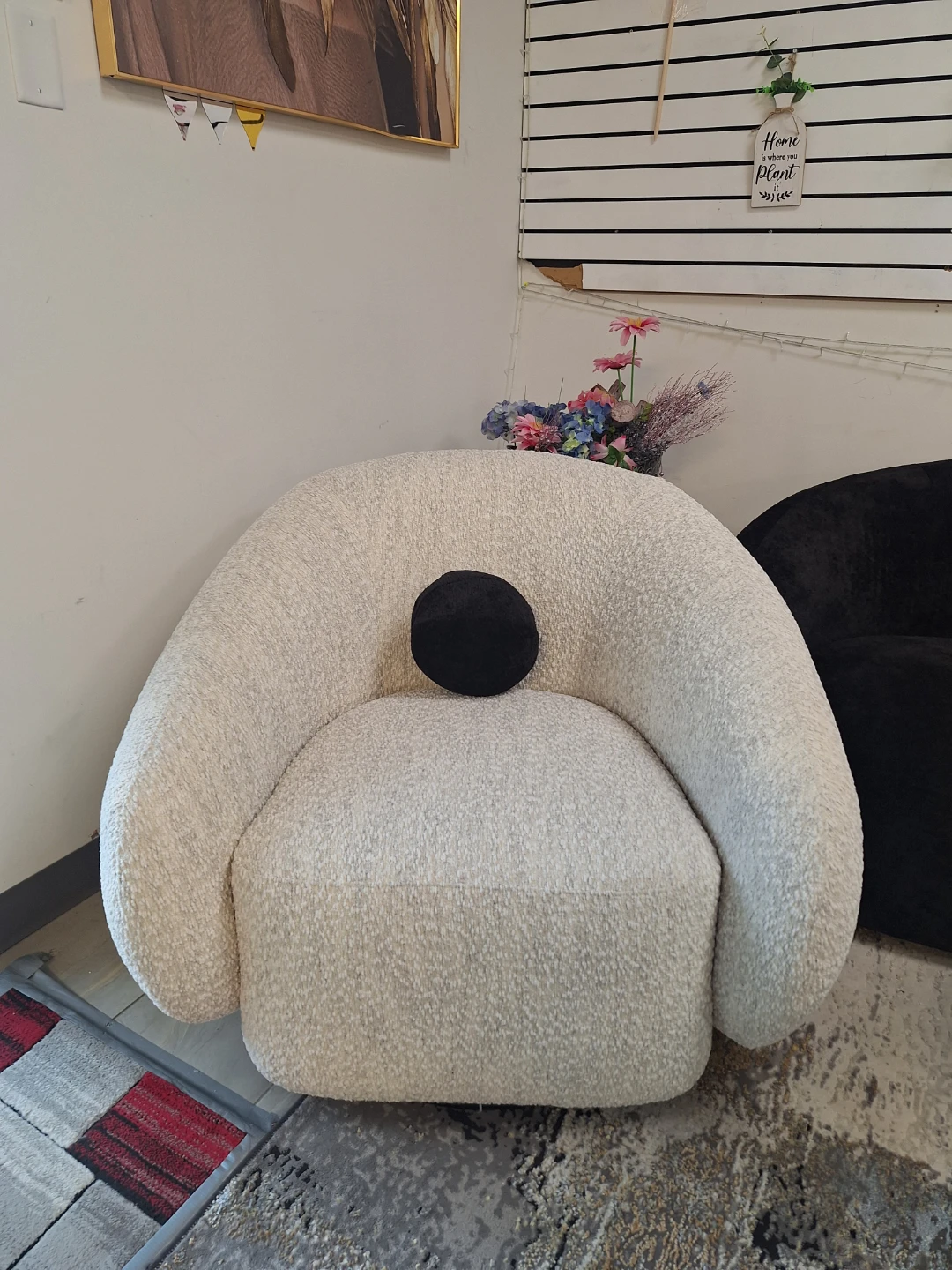 Cream Boucle Accent Chair with Black Pillow