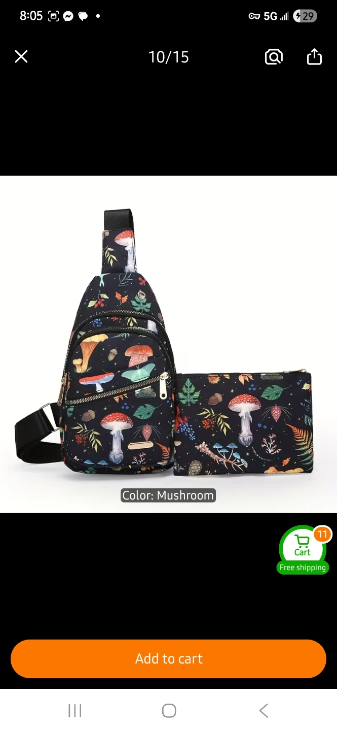 Sling Bag with Matching Pouch - Mushroom Print 🍄