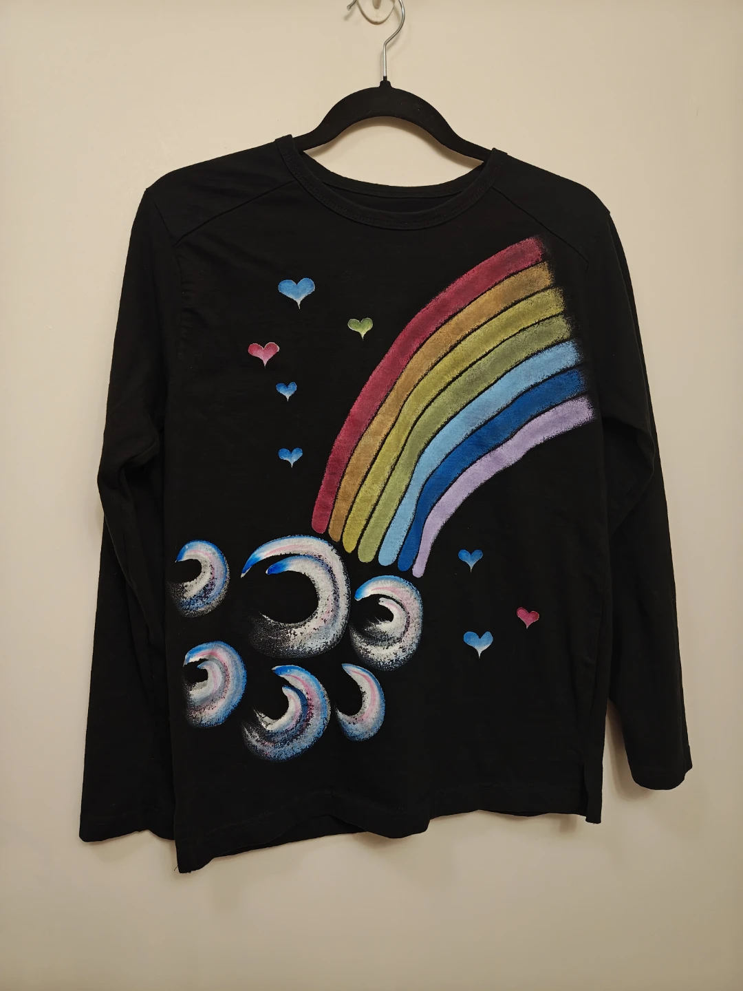 Black Long Sleeve T-Shirt with Rainbow & Clouds Design (size S)