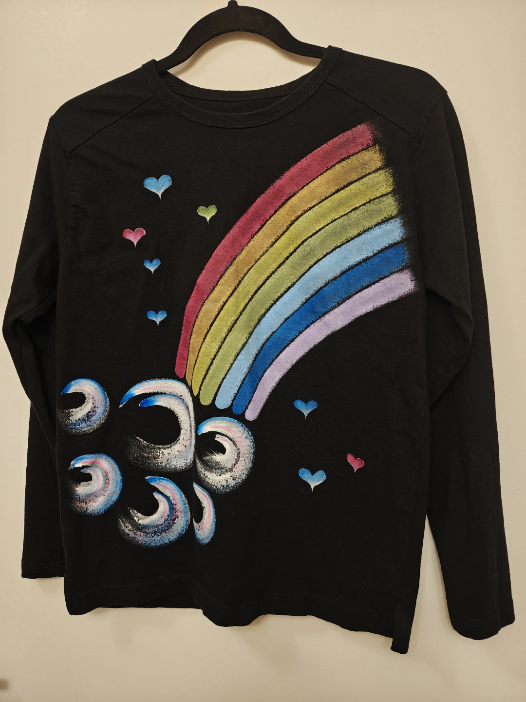 Black Long Sleeve T-Shirt with Rainbow & Clouds Design (size S) - photo 2