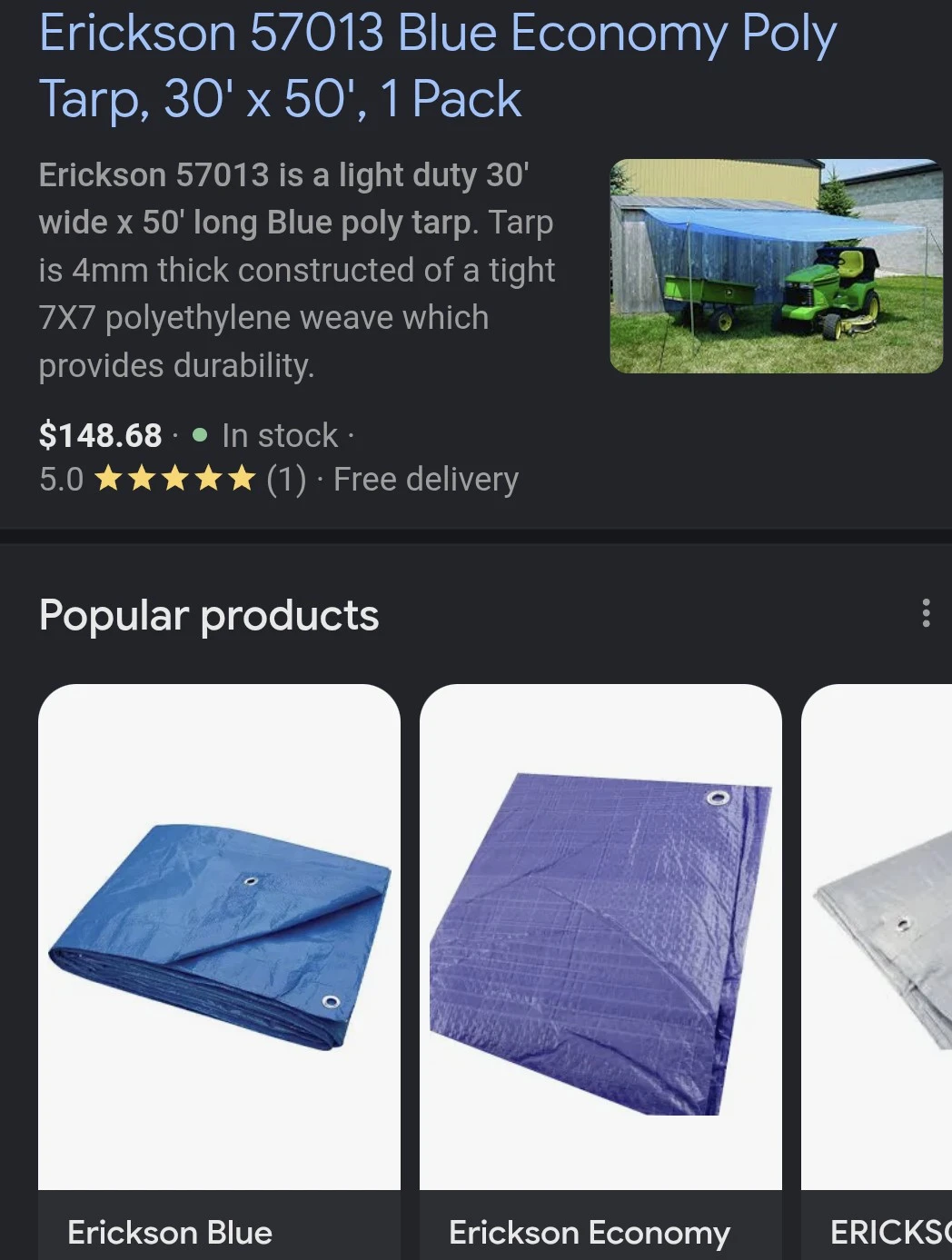 NEW Erickson 57013 Blue Economy Poly Tarp, 30' x 50'